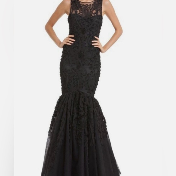 JS Collections Black Chiffon Soutache Mermaid Gown w Sheer Top, V back, Size 4 - Picture 2 of 6